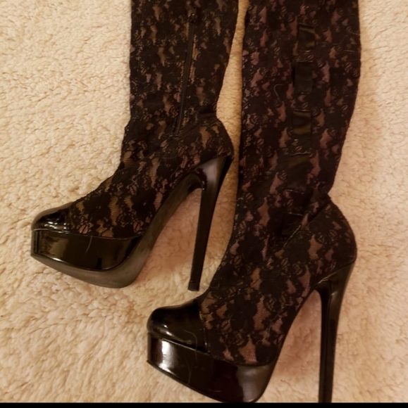 Thigh high sexy lace  high heel boots with ribbon design - Picture 2 of 5
